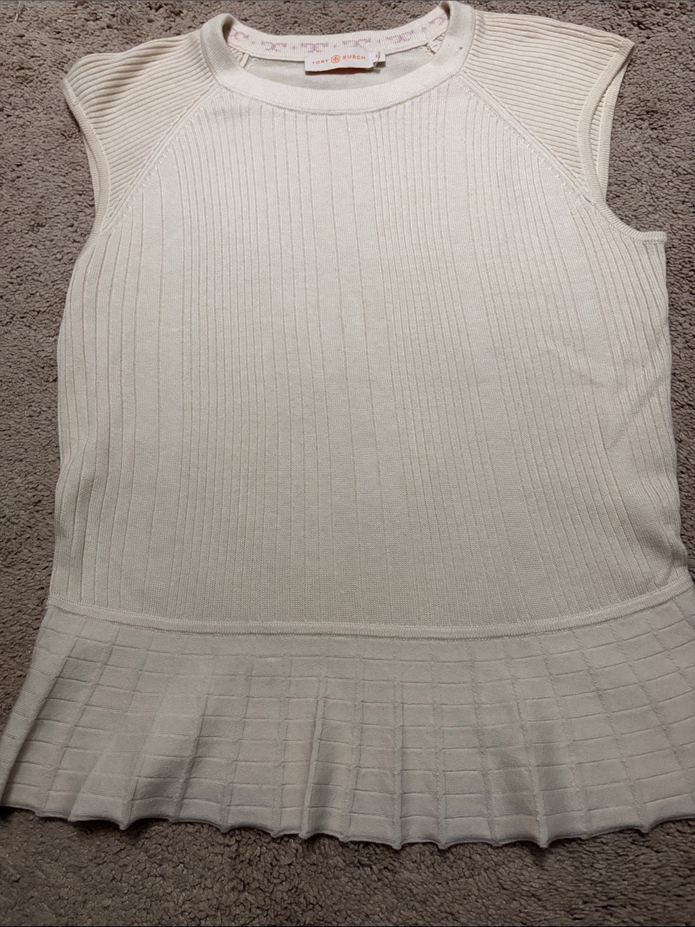 Tory Burch Ivory Ribbed Knit Sleeveless Peplum Tank